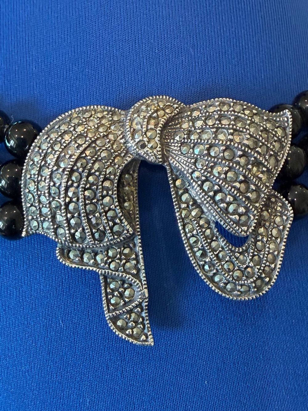 Judith Jack Black Bead Necklace with Silver Marcasite Bow Pendant